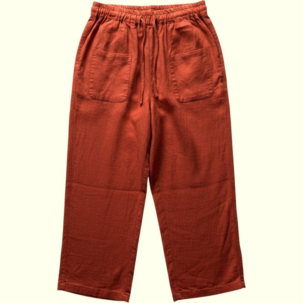 Buykud Size M Rust Orange 100% Linen Wide Leg Crop Pants Patch Pockets Fall